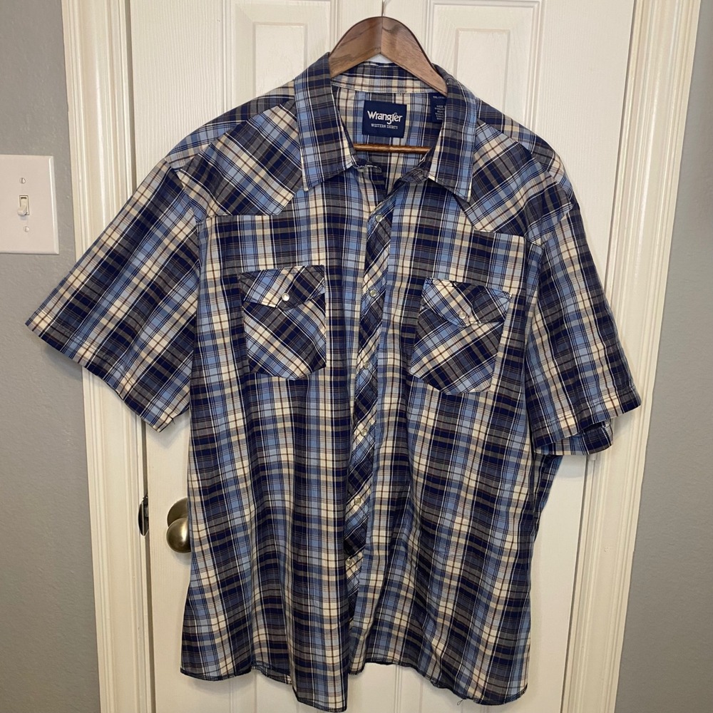 Wrangler Western Shirt Mens XXL Blue Plaid Pearl Snap Short Sleeve Cowboy